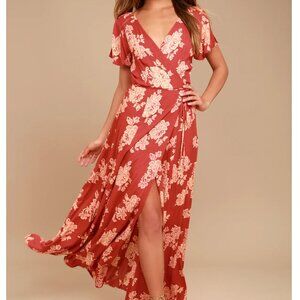 Lulus Heart of Marigold Rust Red Floral Print Wrap Maxi Dress Large